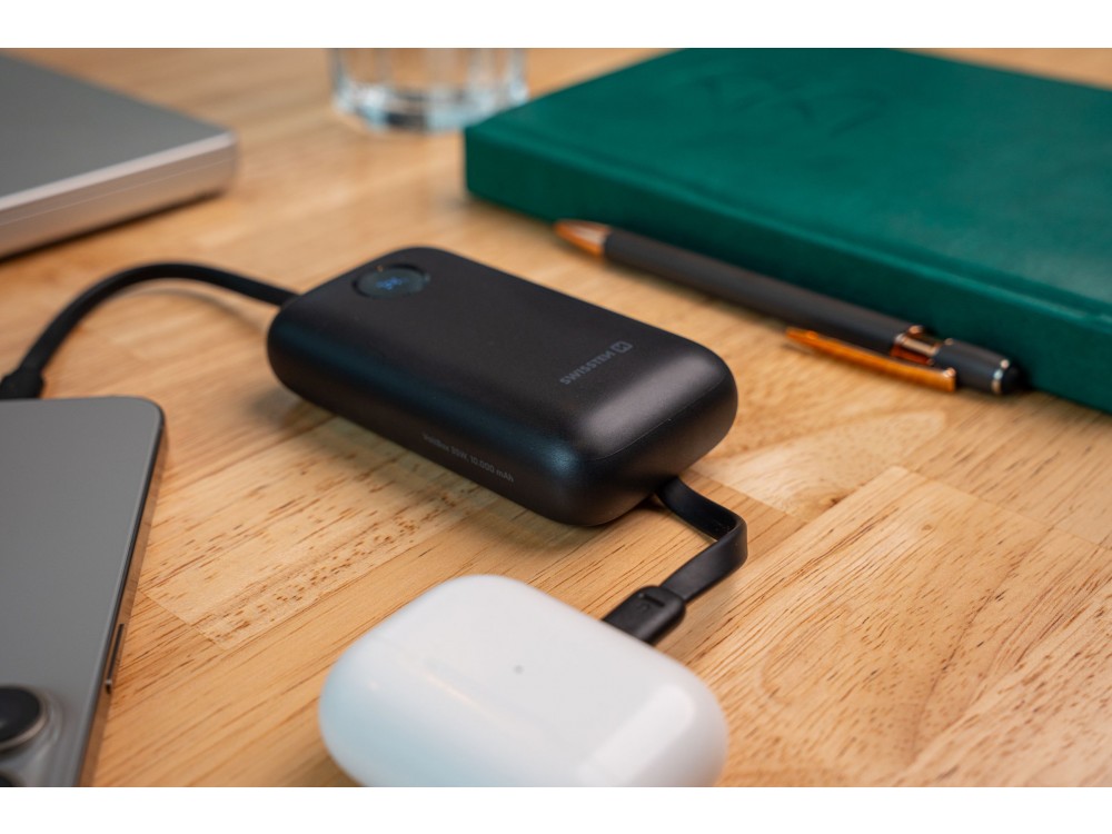 Swissten Voltbox 10000 USB-C PD 35W Power Bank 10.000mAh με 2 Built-in Καλώδια (Type-C / Lightning) & LED Οθόνη, Black