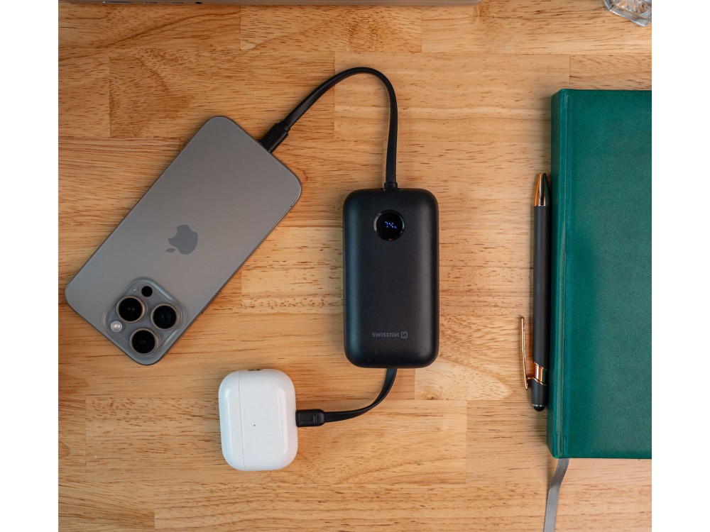 Swissten Voltbox 10000 USB-C PD 35W Power Bank 10.000mAh με 2 Built-in Καλώδια (Type-C / Lightning) & LED Οθόνη, Black
