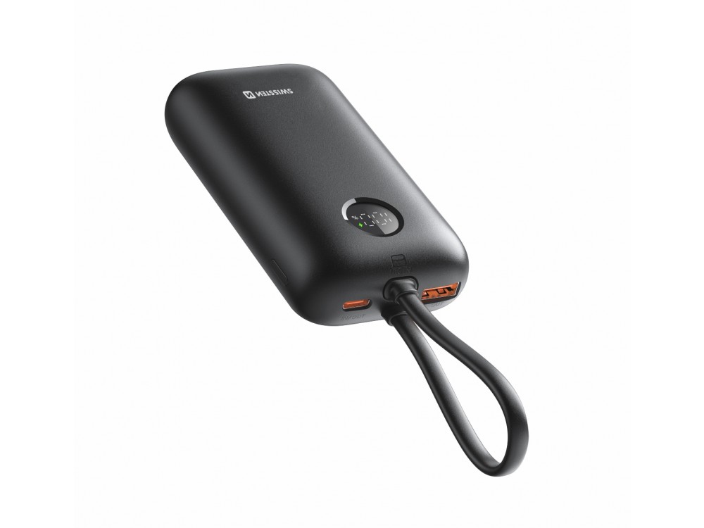 Swissten Voltbox 10000 USB-C PD 35W Power Bank 10.000mAh με 2 Built-in Καλώδια (Type-C / Lightning) & LED Οθόνη, Black