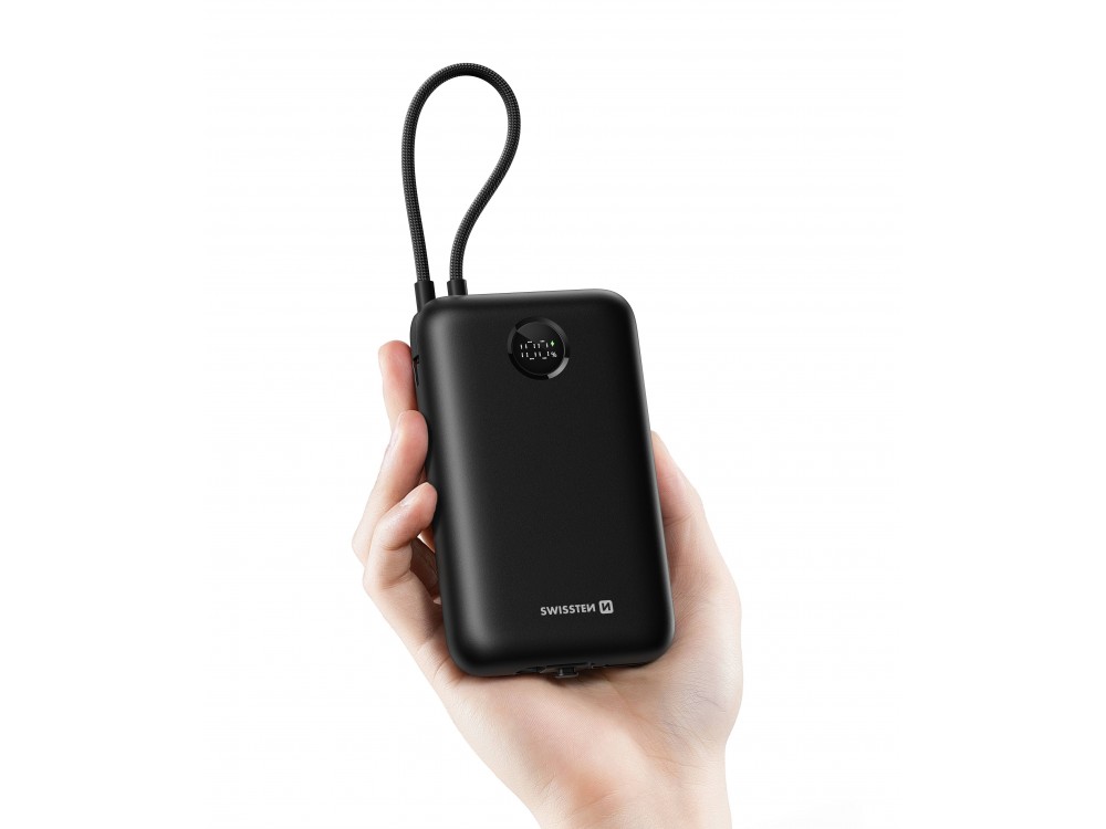 Swissten Voltbox 20000 USB-C PD 35W Power Bank 20.000mAh με 2 Built-in Καλώδια (Type-C / Lightning) & LED Οθόνη, Black