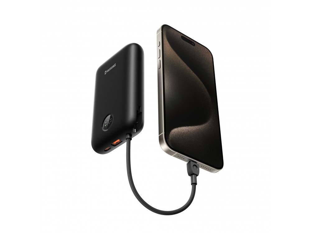 Swissten Voltbox 20000 USB-C PD 35W Power Bank 20.000mAh με 2 Built-in Καλώδια (Type-C / Lightning) & LED Οθόνη, Black