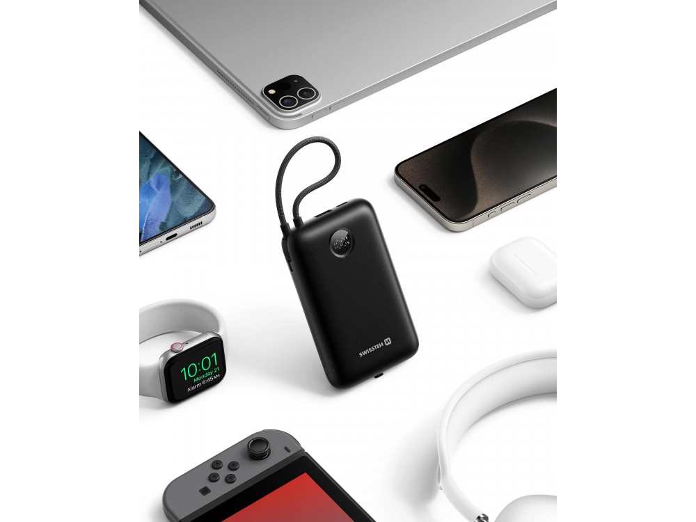 Swissten Voltbox 20000 USB-C PD 35W Power Bank 20.000mAh με 2 Built-in Καλώδια (Type-C / Lightning) & LED Οθόνη, Black