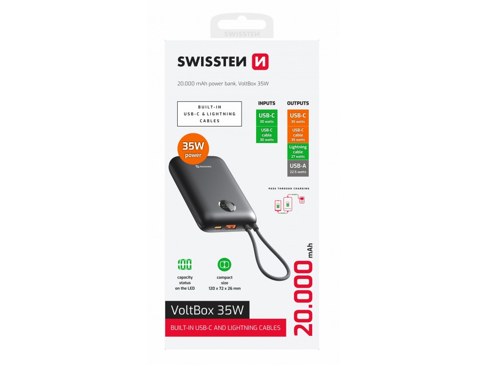 Swissten Voltbox 20000 USB-C PD 35W Power Bank 20.000mAh με 2 Built-in Καλώδια (Type-C / Lightning) & LED Οθόνη, Black