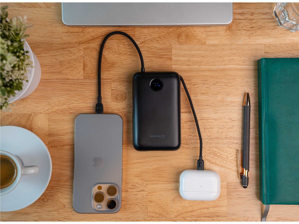Swissten Voltbox 20000 USB-C PD 35W Power Bank 20.000mAh με 2 Built-in Καλώδια (Type-C / Lightning) & LED Οθόνη, Black