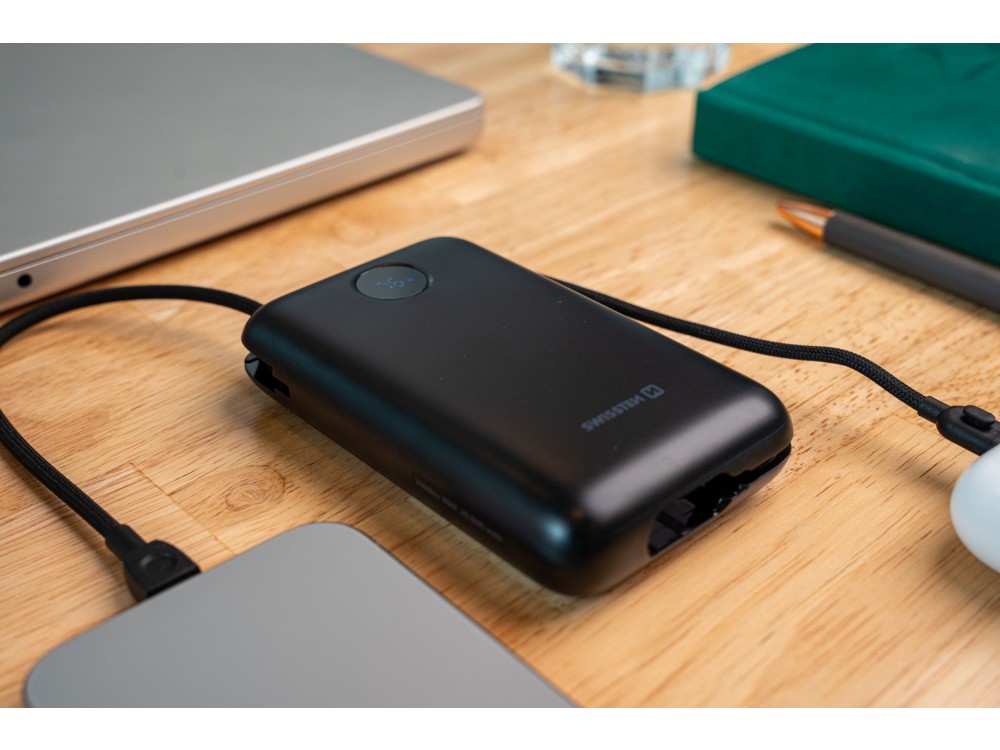 Swissten Voltbox 20000 USB-C PD 35W Power Bank 20.000mAh με 2 Built-in Καλώδια (Type-C / Lightning) & LED Οθόνη, Black