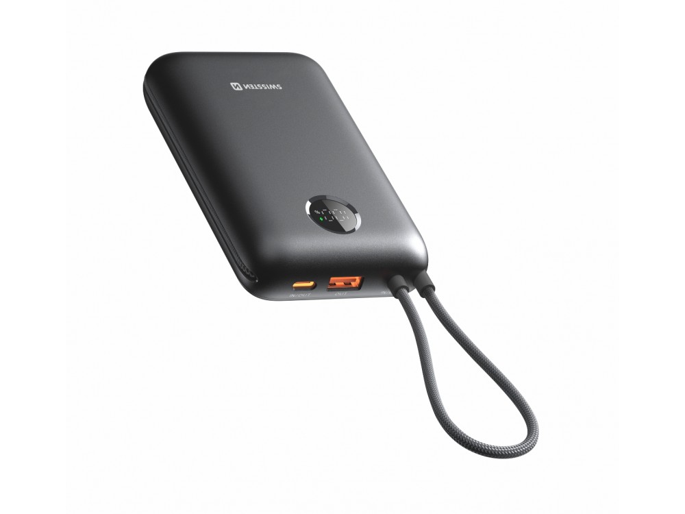 Swissten Voltbox 20000 USB-C PD 35W Power Bank 20.000mAh με 2 Built-in Καλώδια (Type-C / Lightning) & LED Οθόνη, Black