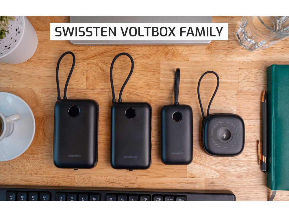 Swissten Voltbox 30000 USB-C PD 35W Power Bank 30,000mAh with 2 Built-in Cables (Type-C / Lightning) & LED Display, Black