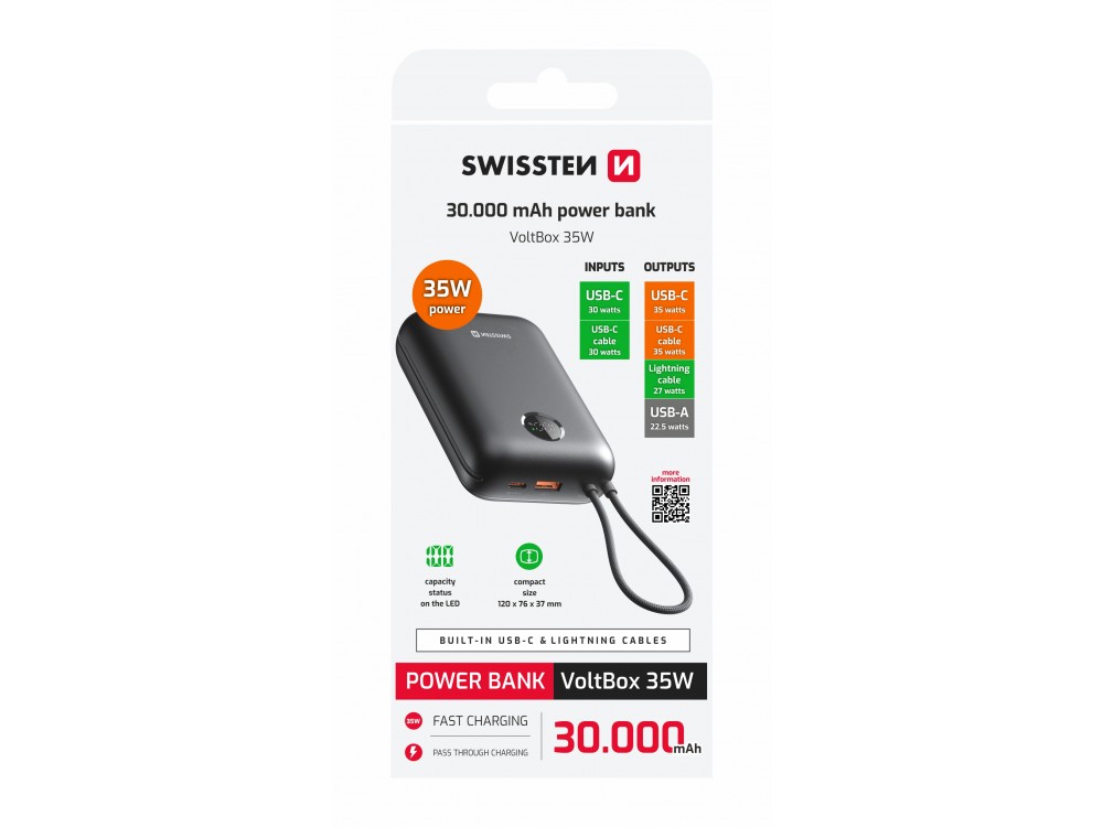 Swissten Voltbox 30000 USB-C PD 35W Power Bank 30,000mAh with 2 Built-in Cables (Type-C / Lightning) & LED Display, Black