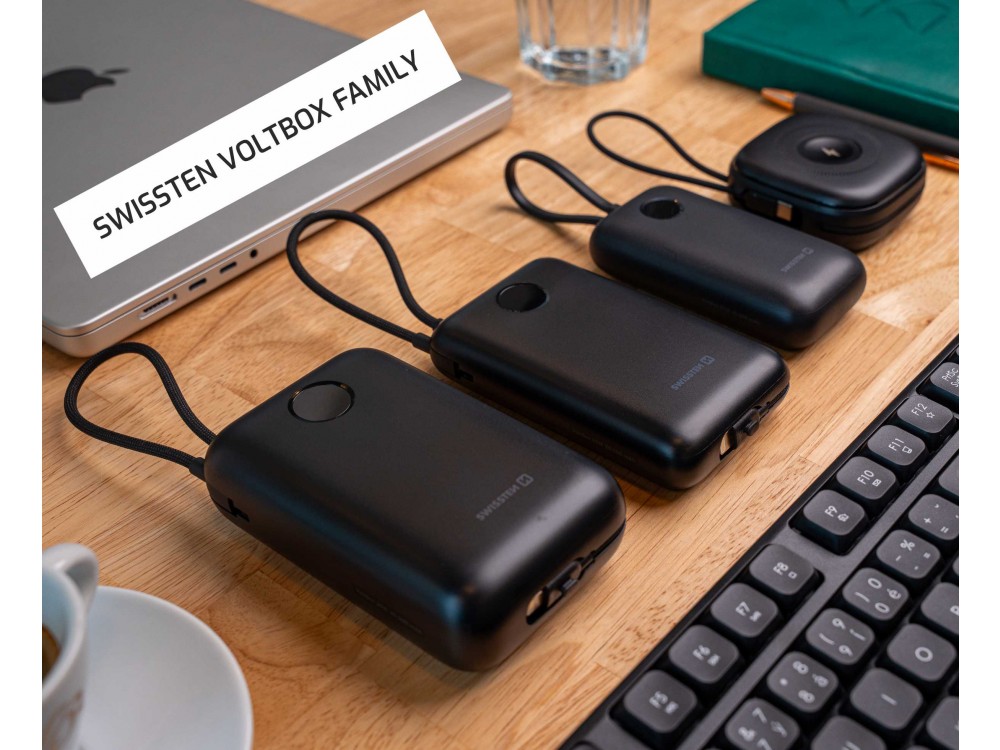 Swissten Voltbox 30000 USB-C PD 35W Power Bank 30,000mAh with 2 Built-in Cables (Type-C / Lightning) & LED Display, Black