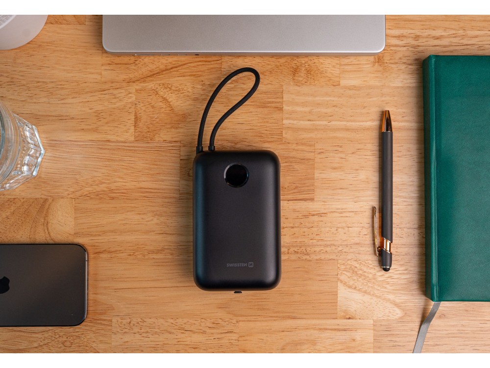 Swissten Voltbox 30000 USB-C PD 35W Power Bank 30,000mAh with 2 Built-in Cables (Type-C / Lightning) & LED Display, Black
