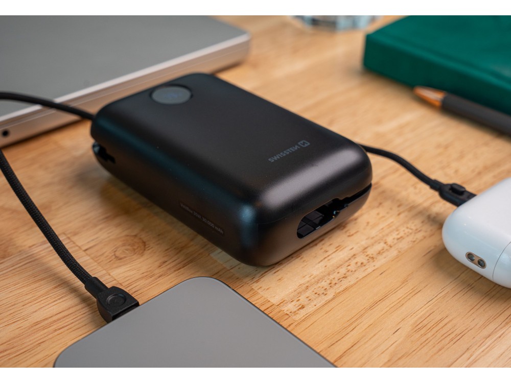 Swissten Voltbox 30000 USB-C PD 35W Power Bank 30,000mAh with 2 Built-in Cables (Type-C / Lightning) & LED Display, Black
