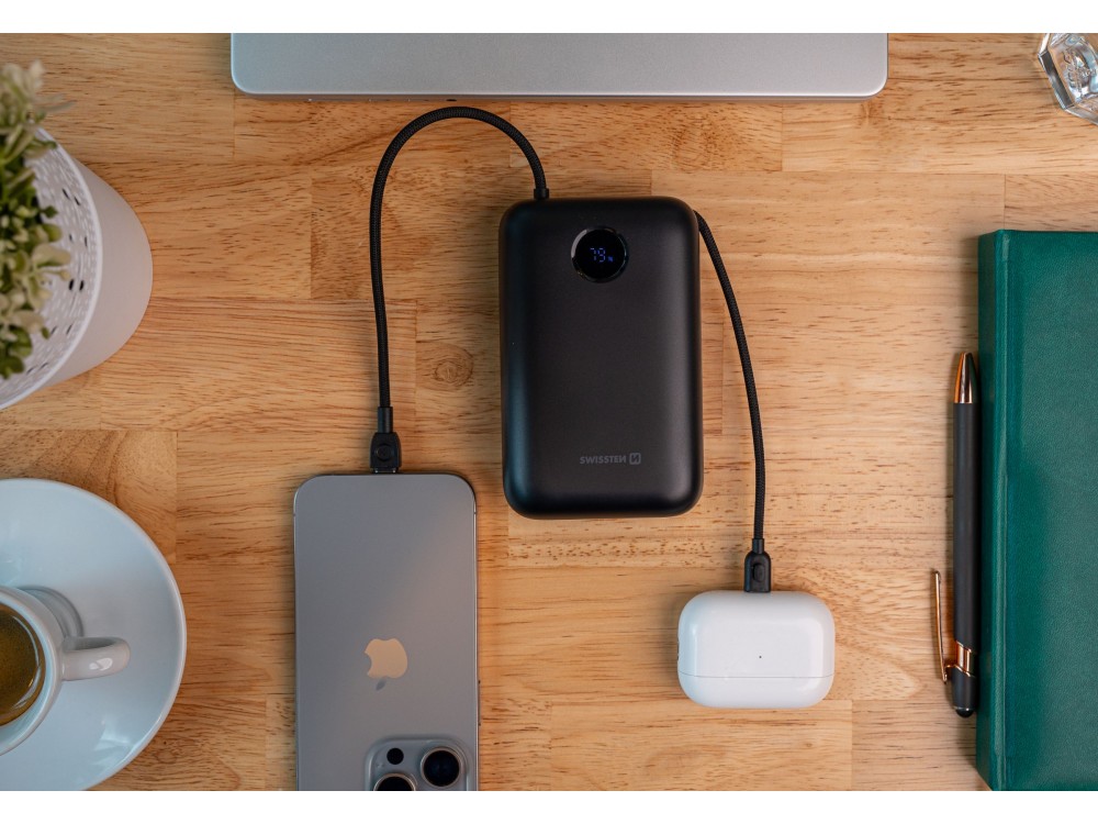 Swissten Voltbox 30000 USB-C PD 35W Power Bank 30,000mAh with 2 Built-in Cables (Type-C / Lightning) & LED Display, Black