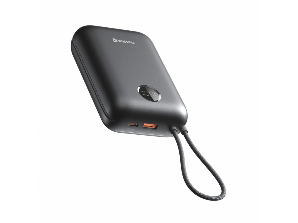 Swissten Voltbox 30000 USB-C PD 35W Power Bank 30,000mAh with 2 Built-in Cables (Type-C / Lightning) & LED Display, Black