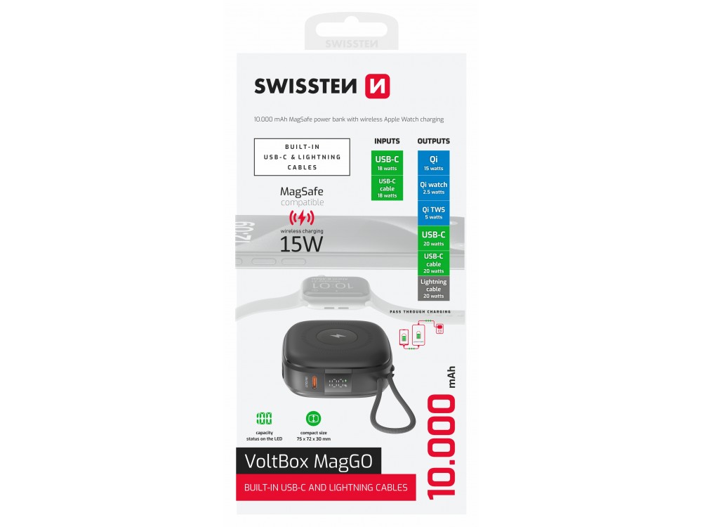 Swissten Voltbox MagGo Μαγνητικό Power Bank 10.000mAh Qi2 Certified 15W MagSafe iPhone & Apple Watch & 2 Ενσωματωμένα Καλώδια