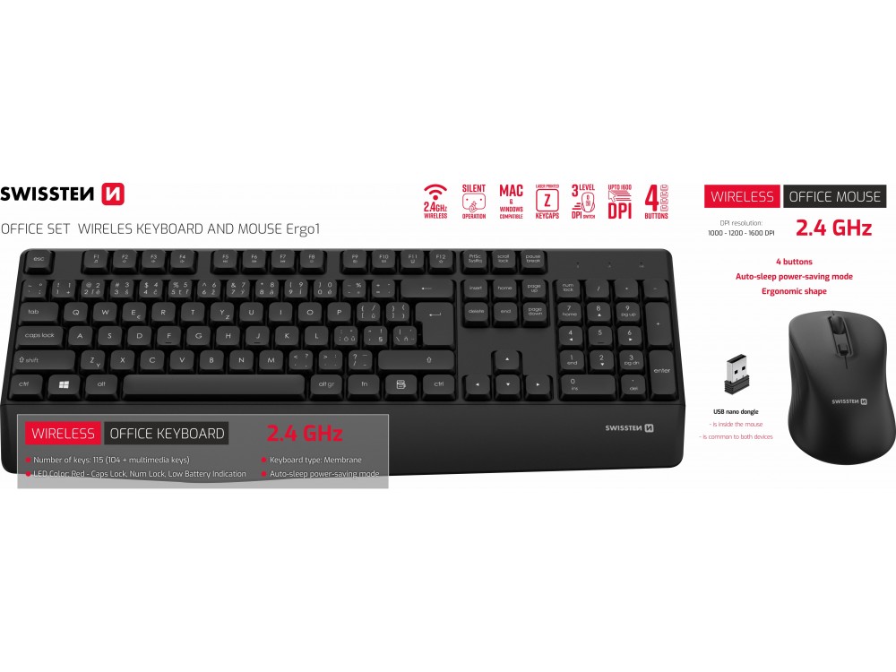 Swissten Wireless Office Set, Ασύρματο Πληκτρολόγιο & Ποντίκι - Czech Layout