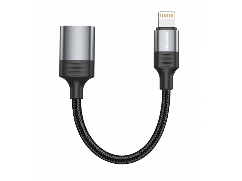 Swissten Αντάπτορας Lightning σε USB-A με 12cm Καλώδιο OTG Adapter Lightning Male to USB-A Female με Νάυλον Ύφανση, Black