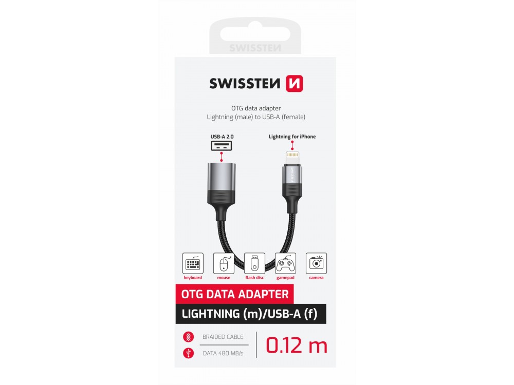 Swissten Αντάπτορας Lightning σε USB-A με 12cm Καλώδιο OTG Adapter Lightning Male to USB-A Female με Νάυλον Ύφανση, Black