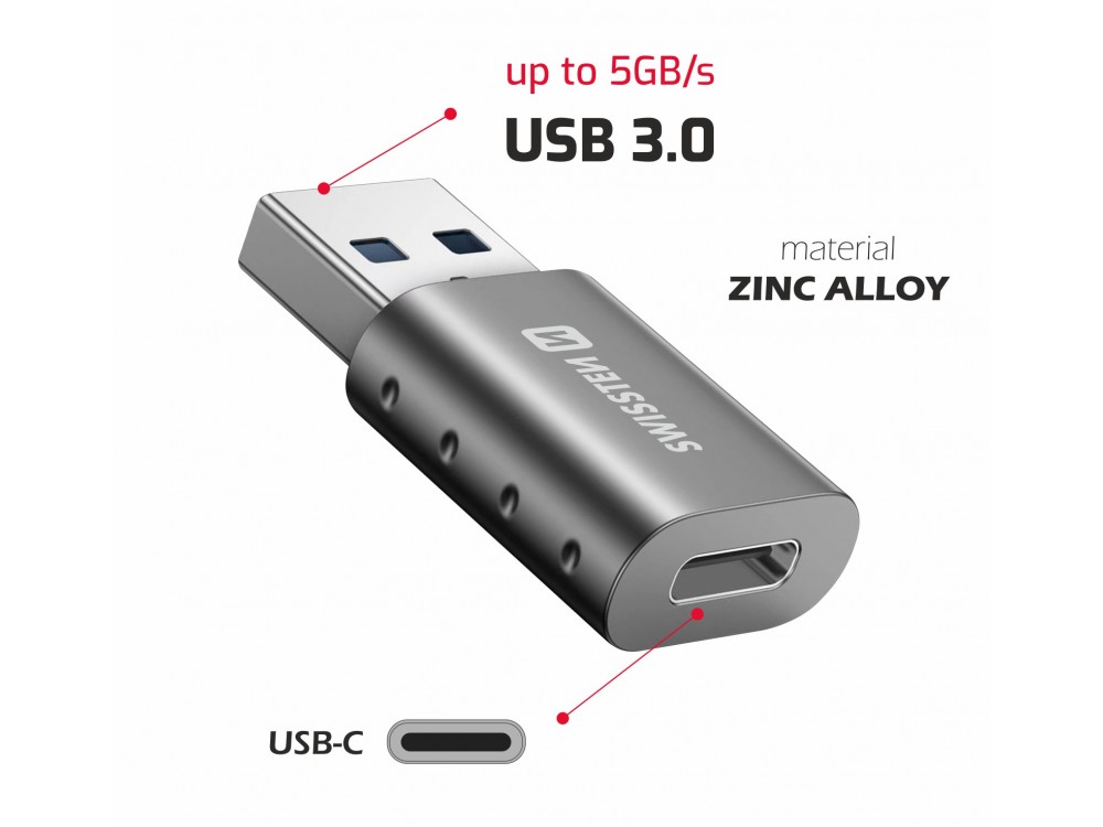 Swissten Αντάπτορας USB-C Θηλυκό σε USB 3.0, Ασημί