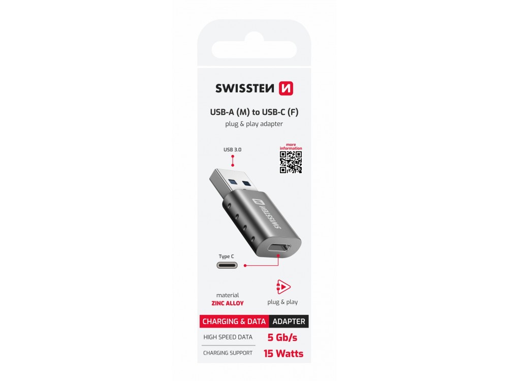 Swissten Αντάπτορας USB-C Θηλυκό σε USB 3.0, Ασημί