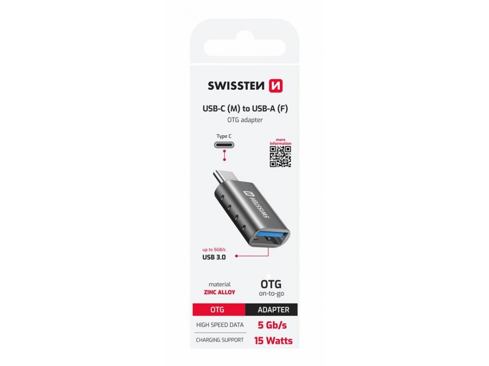 Swissten USB-C to USB 3.0 Female Adapter, OTG Adapter USB-A Female to USB-C Male, Silver