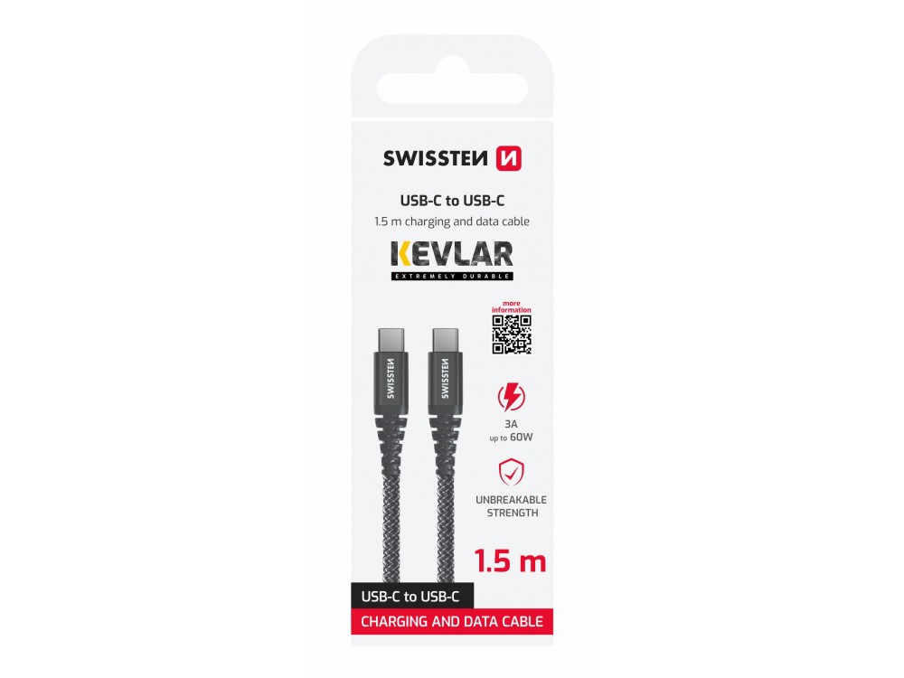 Swissten Καλώδιο USB-C σε USB-C 1.5μ. με Ύφανση από Kevlar, Black
