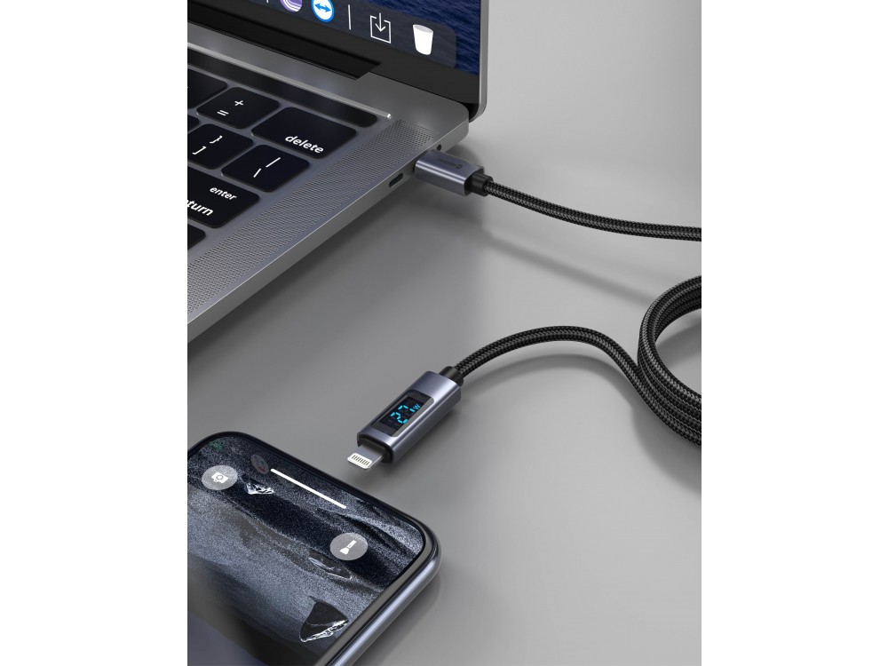 Swissten Καλώδιο USB-C σε Lightning 1μ. 30W, με Νάυλον Ύφανση & LCD Display, Black
