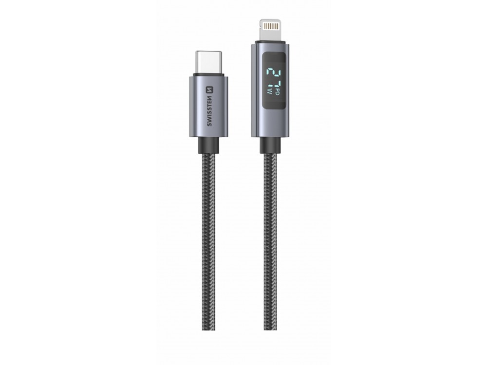 Swissten Καλώδιο USB-C σε Lightning 1μ. 30W, με Νάυλον Ύφανση & LCD Display, Black