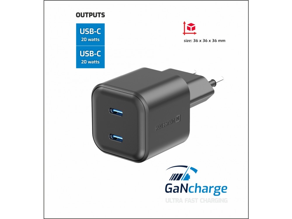 Swissten Φορτιστής πρίζας 2-θυρών 20W Type-C με GaN PD & PPS, Black