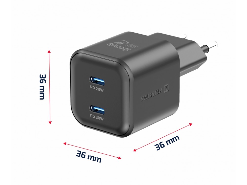 Swissten Φορτιστής πρίζας 2-θυρών 20W Type-C με GaN PD & PPS, Black