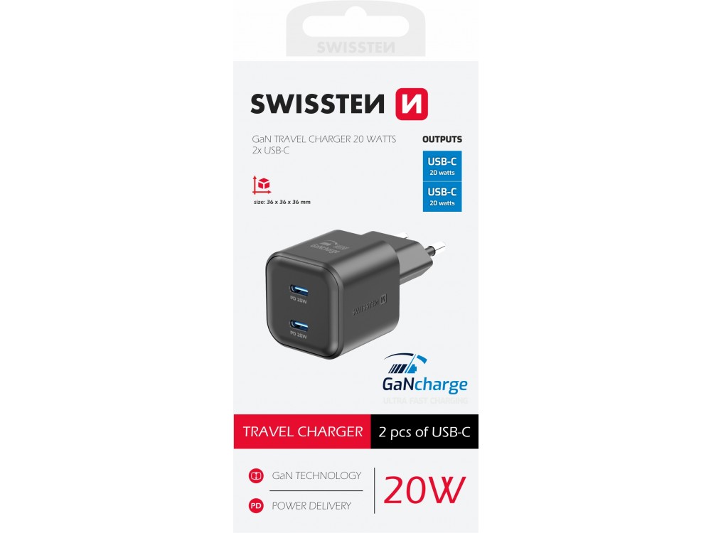 Swissten Φορτιστής πρίζας 2-θυρών 20W Type-C με GaN PD & PPS, Black