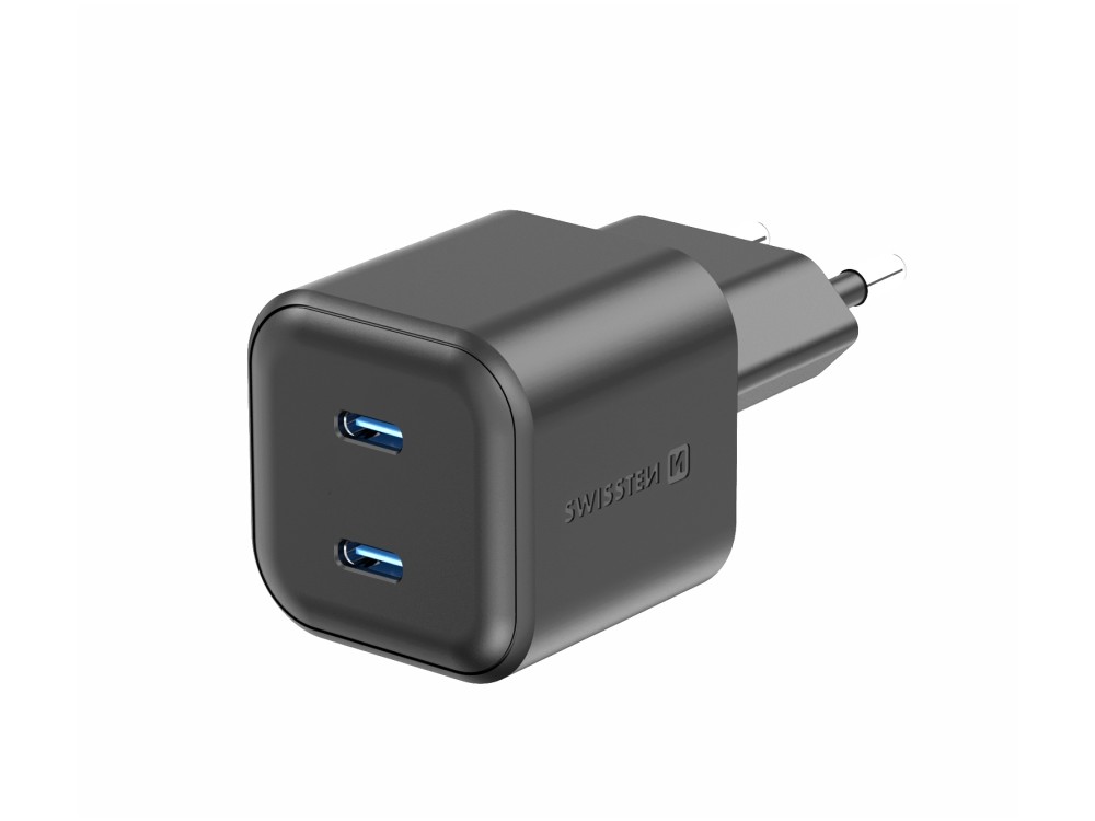 Swissten Φορτιστής πρίζας 2-θυρών 20W Type-C με GaN PD & PPS, Black