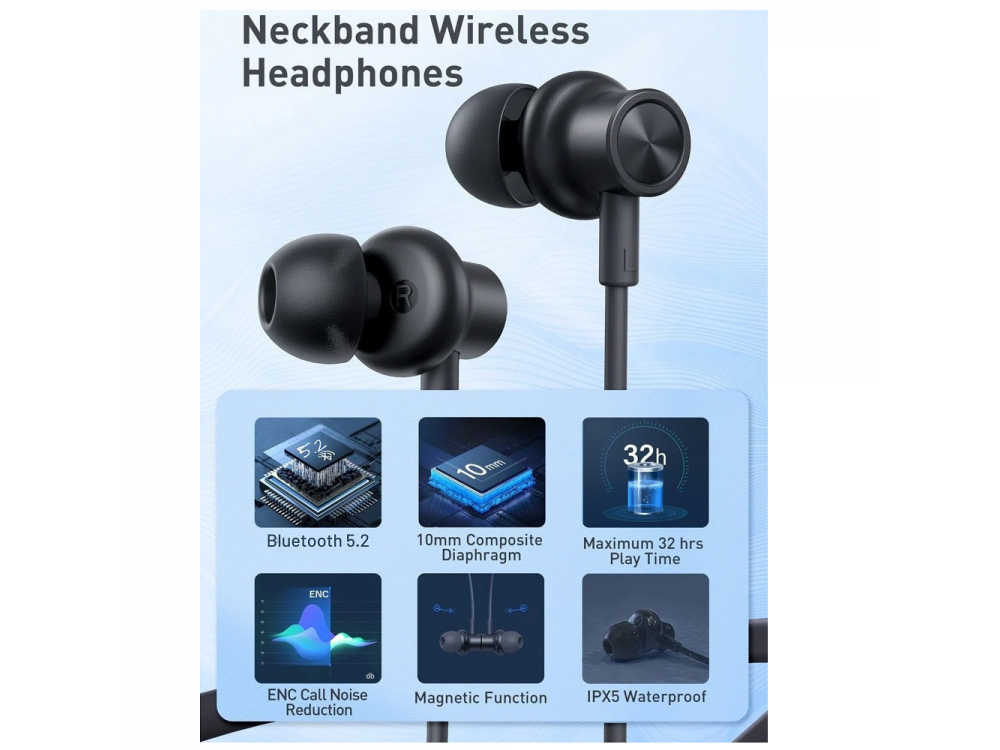 TaoTronics TT-BH115 In-Ear Bluetooth 5.2 Handsfree Headphones Magnetic, IPX5 with up to 32 Hours of Operation, Black