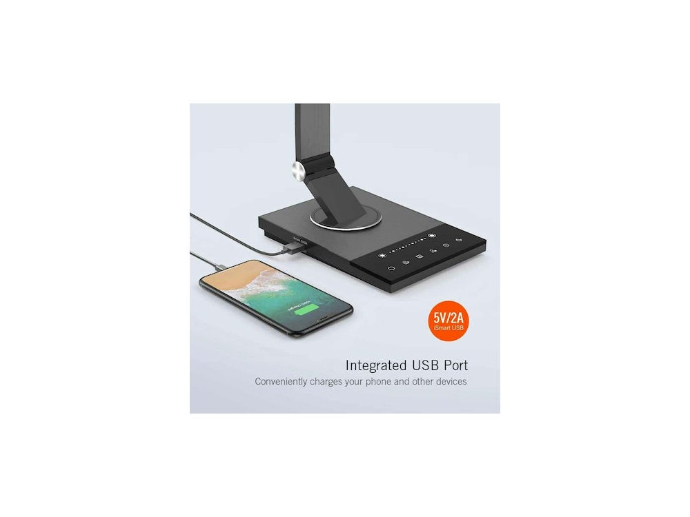TaoTronics TT-DL16 LED Desk lamp with Touch Control & USB Port, 5 Color Modes, 6 Brightness Levels, Timer, Night Light, Iron Gray