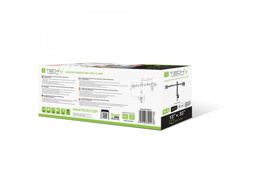 Techly Dual Arm Desk Mount with Clamp, Βάση για 2 Οθόνες 13”-32”, έως 16kg