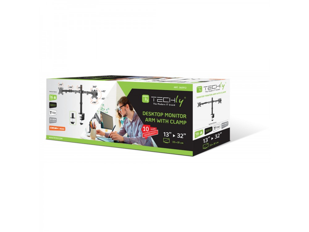 Techly Dual Arm Desk Mount with Clamp, Βάση για 2 Οθόνες 13”-32”, έως 16kg