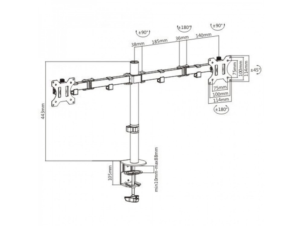 Techly Dual Arm Desk Mount with Clamp, Βάση για 2 Οθόνες 13”-32”, έως 16kg