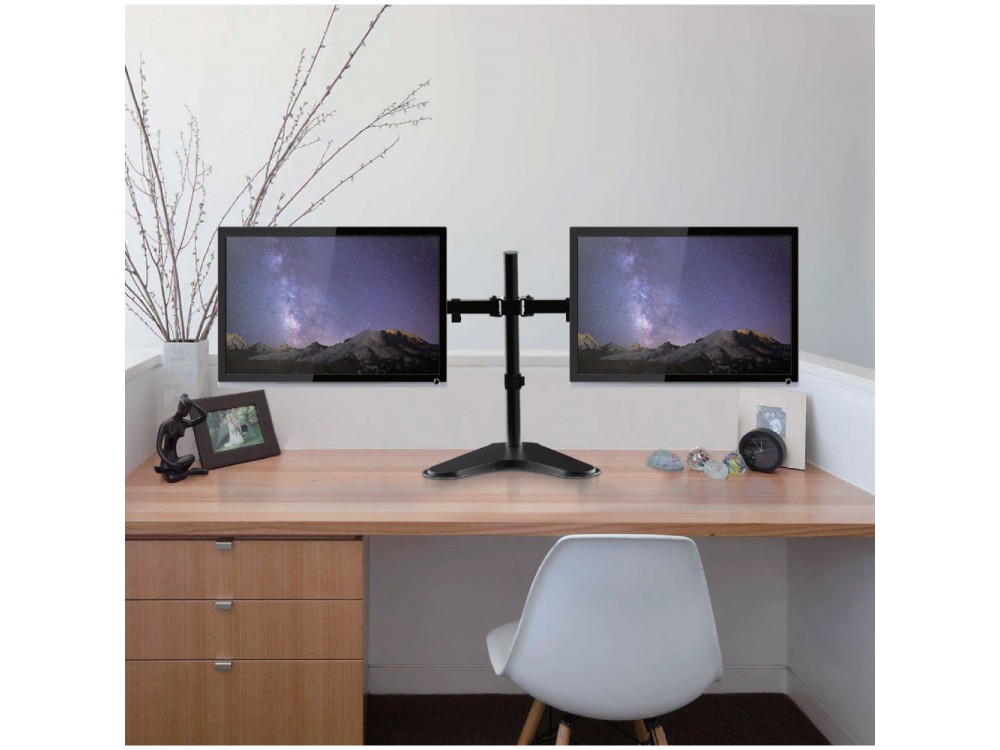 Techly Dual Arm Desk Mount with stand, Stand for 2 Monitors 13”-32”, up to 16kg, Tilt & Swivel
