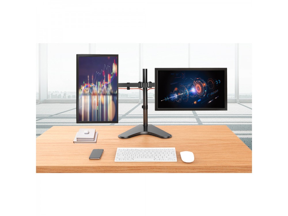 Techly Dual Arm Desk Mount with stand, Stand for 2 Monitors 13”-32”, up to 16kg, Tilt & Swivel