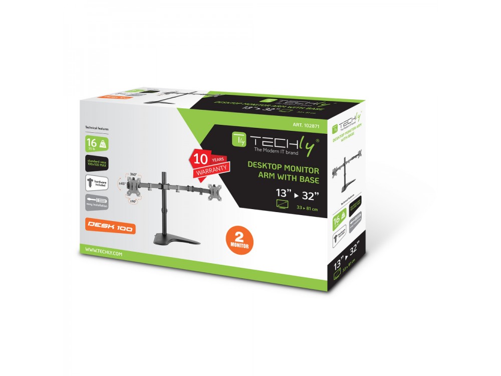 Techly Dual Arm Desk Mount with stand, Stand for 2 Monitors 13”-32”, up to 16kg, Tilt & Swivel