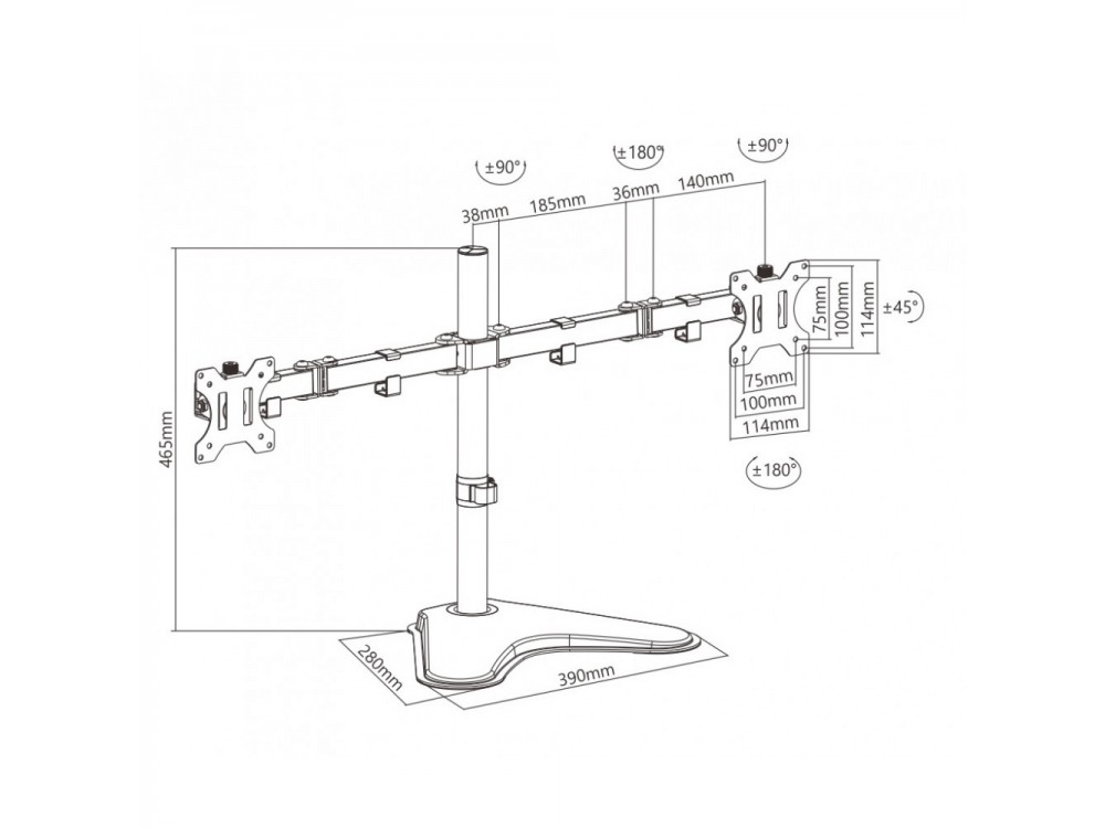 Techly Dual Arm Desk Mount with stand, Stand for 2 Monitors 13”-32”, up to 16kg, Tilt & Swivel