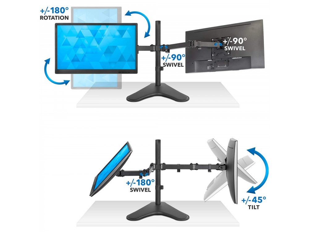 Techly Dual Arm Desk Mount with stand, Stand for 2 Monitors 13”-32”, up to 16kg, Tilt & Swivel