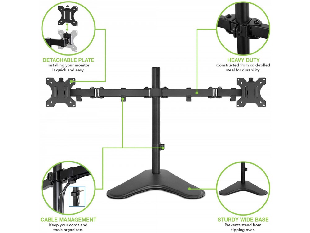 Techly Dual Arm Desk Mount with stand, Stand for 2 Monitors 13”-32”, up to 16kg, Tilt & Swivel