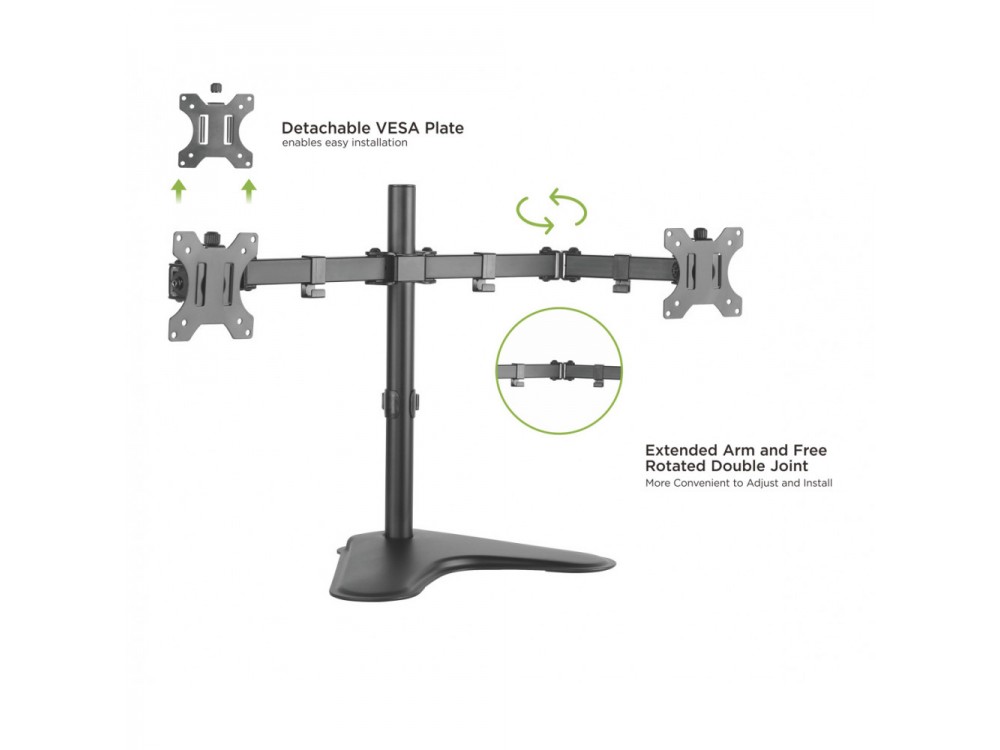 Techly Dual Arm Desk Mount with stand, Stand for 2 Monitors 13”-32”, up to 16kg, Tilt & Swivel