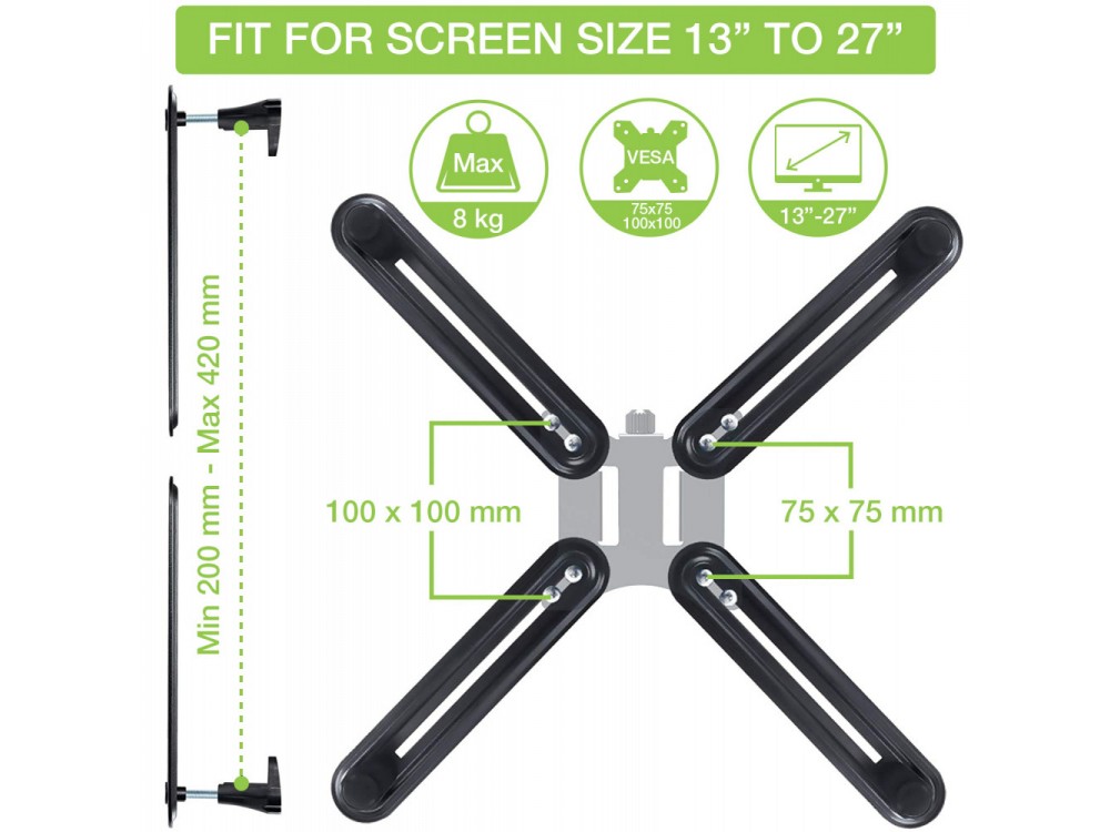 Techly Mounting plate Non-VESA 13"- 27", VESA adapter for TV or Monitor that do not support VESA Mounting