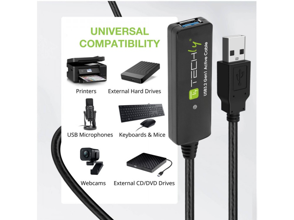 Techly SuperSpeed+ USB 3.2 5Gbps Active Repeater Cable 10m. Extension Cable with Signal Amplifier, USB-A Extender