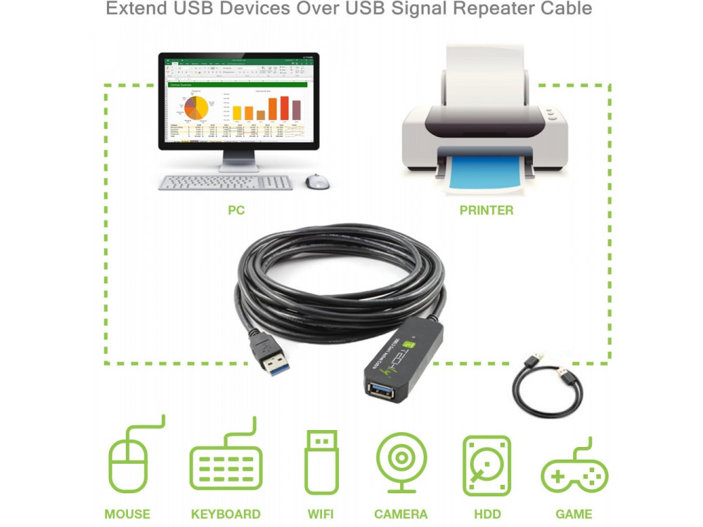 Techly SuperSpeed+ USB 3.2 5Gbps Active Repeater Cable 10m. Extension Cable with Signal Amplifier, USB-A Extender