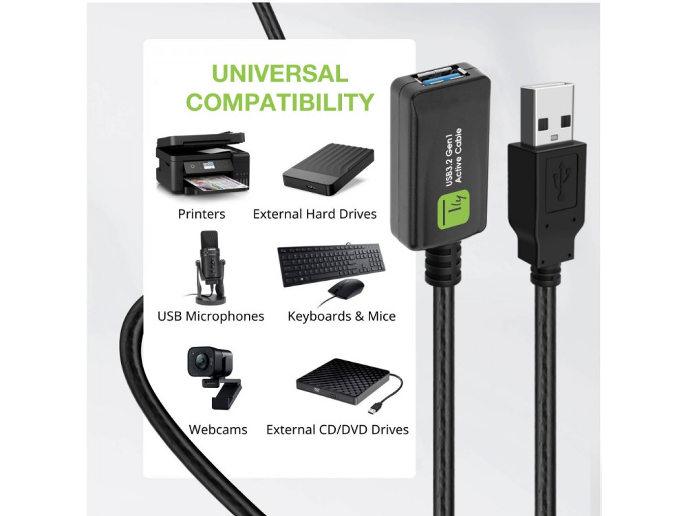 Techly SuperSpeed+ USB 3.2 5Gbps Active Repeater Cable 5m. Extension Cable with Signal Amplifier, USB-A Extender