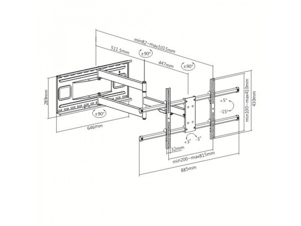 Techly TV Mount, Ultra Slim Extendable up to 1015mm & Tilting Stand with Double Arm for TV 43”-80”, up to 50kg
