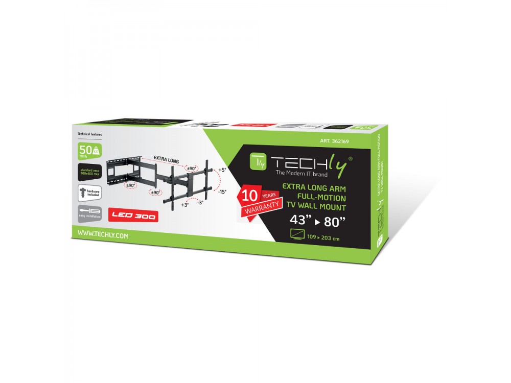 Techly TV Mount, Ultra Slim Extendable up to 1015mm & Tilting Stand with Double Arm for TV 43”-80”, up to 50kg