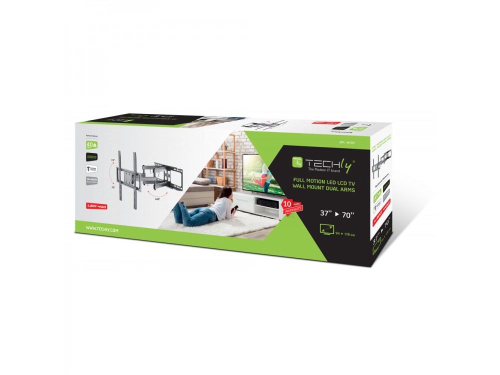 Techly TV Mount, Ultra Slim Tilting Stand with Double Arm for TV 37”-70”, up to 40kg